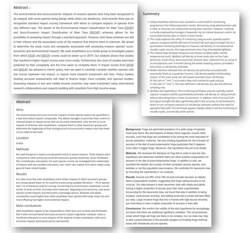 Abstracts published in different journals with different styles. Top Left: The standard paragraph style. Top Right: Simple numbered style with one or two sentences per numbered point. Note that the last point is prescribed to practical aspects in this applied journal. Bottom Left: Fully structured style with headings that you should conform to. Bottom Right: Another type of fully structured style.