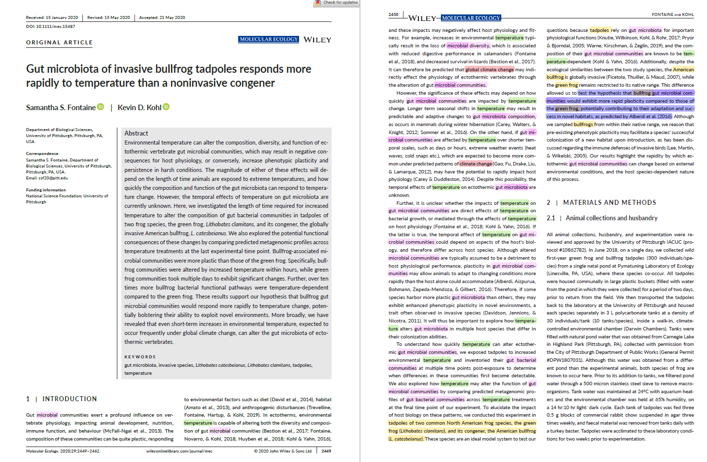 Distribution of the theme, topic, variable, study system and hypothesis in the introduction. In this paper by Fontaine and Kohl (Fontaine and Kohl 2020) I have highlighted the theme (climate change = red), topic (microbiome = pink), variable (temperature = green), study system (anurans = yellow) and hypothesis (blue).