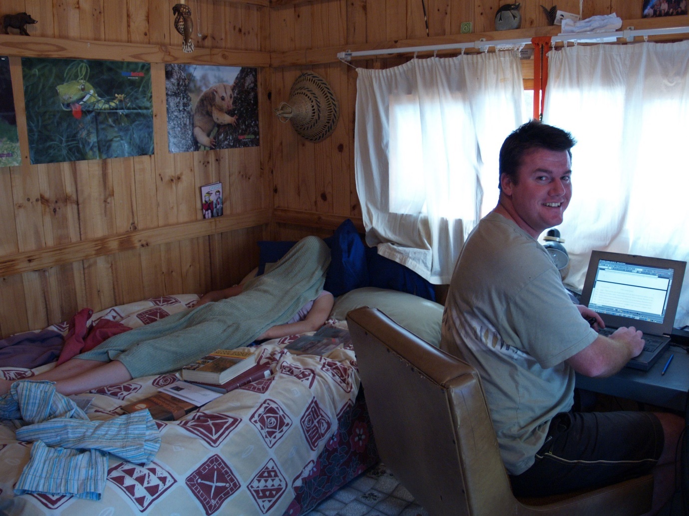 Life inside a 3m x 4m uninsulated Wendy hut in Addo Elephant National Park in mid-summer. My research assistant was at pains to model an authentic South African National Parks towel in all its glory.